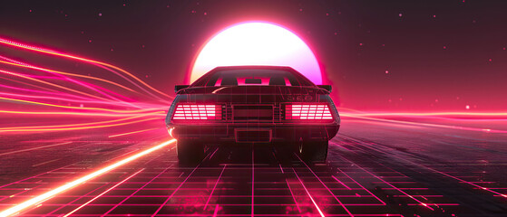 Artistic, aesthetic 90s car on neon laser gridlines driving towards sunset horizon. 3D 80s retro wave, futuristic, clear, simple, beautiful, isolated, futurism, background, template