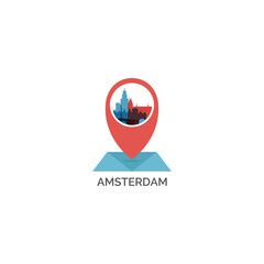 Netherlands Amsterdam map pin point, geolocation marker, skyline logo. Modern vector icon with Holland capital cityscape. Isolated horizon graphic