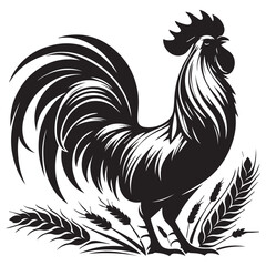 Vector illustration. Black silhouette of a rooster design. Isolated male chicken on a white background