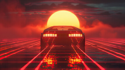 Artistic, aesthetic 90s car on neon laser gridlines driving towards sunset horizon. 3D 80s retro wave, futuristic, clear, simple, beautiful, isolated, futurism, background, template, smoke, clouds