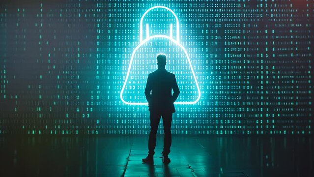A man stands facing a large padlock representing security and privacy concerns, A privacy advocate campaigning for stronger data protection laws