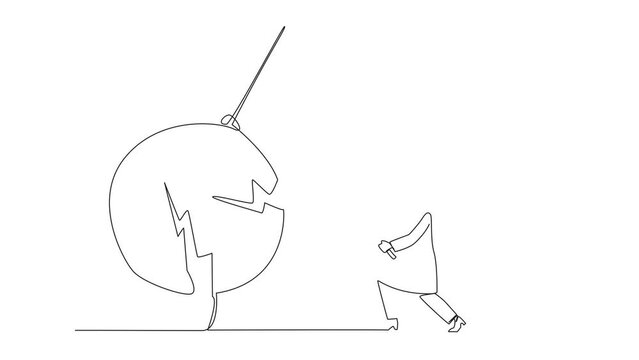 Animation of single line drawing Arab businesswoman preparing to hit swinging pendulum. Metaphor eliminate business distraction. Number one to be a business keeper. Full length motion