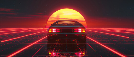Artistic, aesthetic 90s car on neon laser gridlines driving towards sunset horizon. 3D 80s retro wave, futuristic, clear, simple, beautiful, isolated, futurism, background, template