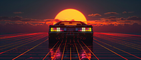 Artistic, aesthetic 90s car on neon laser gridlines driving towards sunset horizon. 3D 80s retro wave, futuristic, clear, simple, beautiful, isolated, futurism, background, template