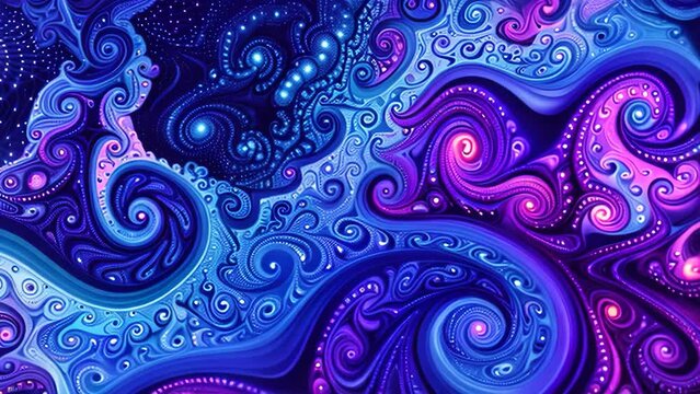 Blue and purple swirls and bubbles create a psychedelic pattern in this vibrant painting, A psychedelic pattern of swirling blues and purples on a mesmerizing blue background