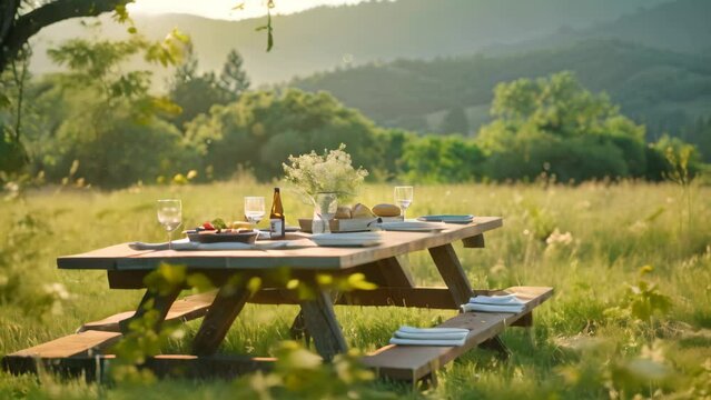 A picnic table placed in the middle of a vast field, ready for a gathering or meal, A quaint picnic table set up for a meal under the open sky