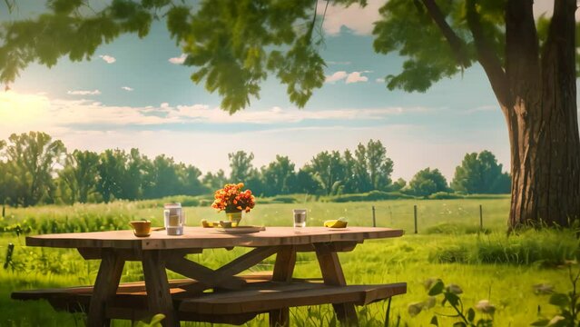 A picnic table surrounded by grass and open sky in the middle of a field, A quaint picnic table set up for a meal under the open sky