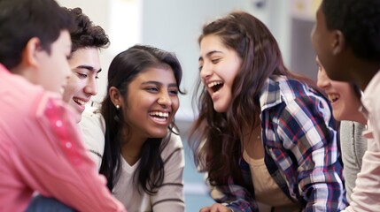 Obraz premium A group of diverse teenagers sharing a joyful moment, laughing and bonding in a close indoor setting.