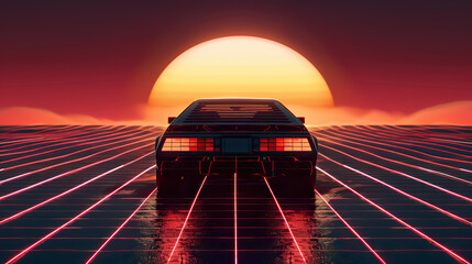 Artistic, aesthetic 90s car on neon laser gridlines driving towards sunset horizon. 3D 80s retro wave, futuristic, clear, simple, beautiful, isolated, futurism, background, template