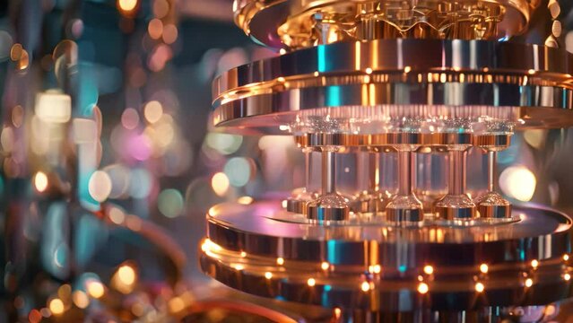 Detailed view of a chandelier with lights in the background, showcasing intricate design and illumination, A quantum computer that challenges traditional computing methods