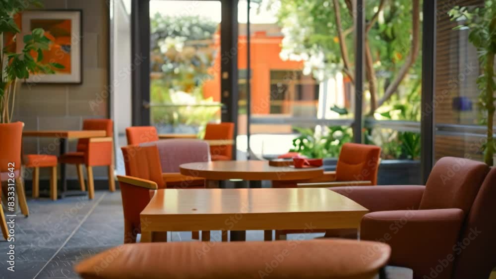 Poster a bustling room packed with various tables and chairs, creating a functional dining space, a quiet c