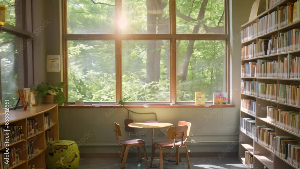 Poster a library study corner featuring a table and chairs positioned in front of a window, a quiet corner 