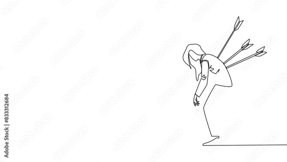 Poster self drawing animation of single one line drawing businesswoman standing and several arrows stuck in