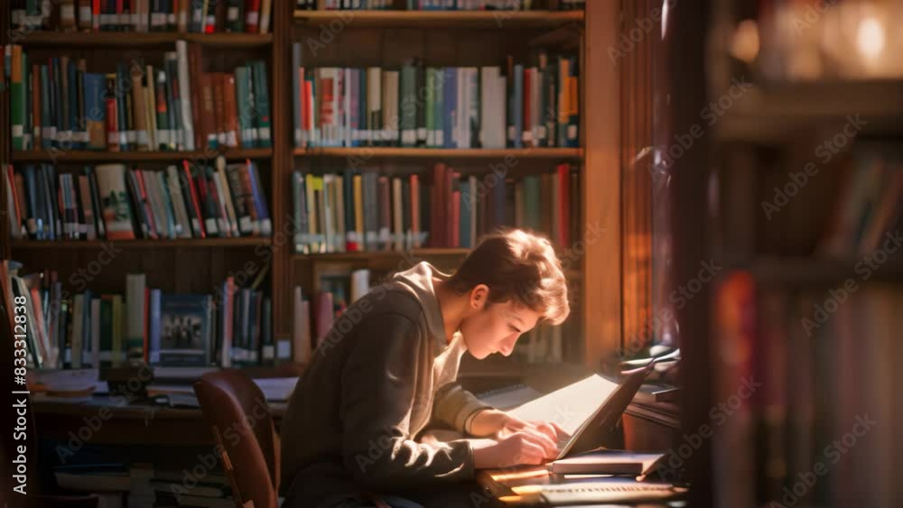 Aufkleber a student is seated at a desk in front of a bookshelf, immersed in study, a quiet library corner wit
