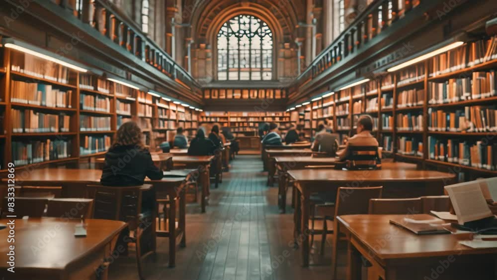 Aufkleber rows of bookshelves in a large library with numerous books, studying students and quiet ambiance, a 