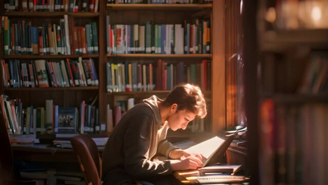 A student is seated at a desk in front of a bookshelf, immersed in study, A quiet library corner with a student deep in concentration