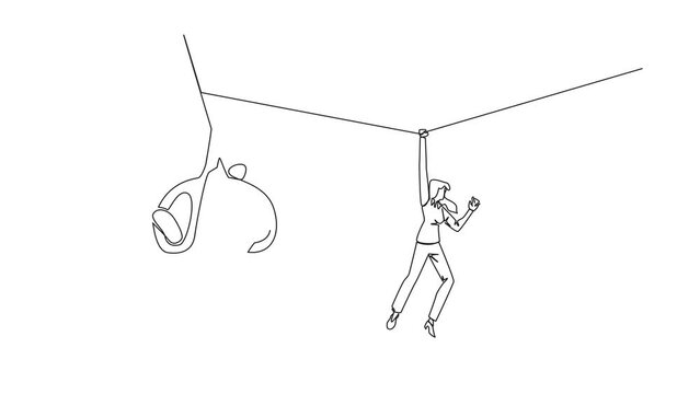 Animation of single one line drawing businesswoman hanging from rope. A big hand that want to cut the rope. Maintaining a nearly useless business. Thwarted by traitors. Full length motion