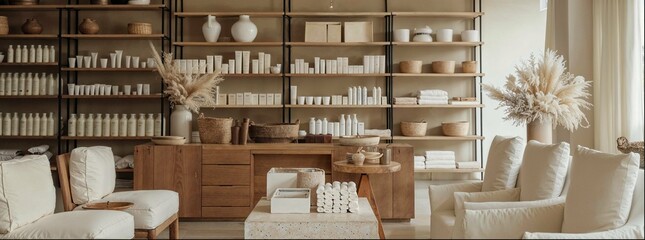 Trends of interior design for home. Manufacturing of home textiles, furniture, decor accessories. Modern interior design with a light wood color palette, neutral colors, clean lines and a minimalist. 