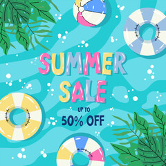 Naklejka premium Colorful summer background banner design. Summer sale poster. Beach concept background. Beach and colorful pool rings in water. For sales, horizontal poster, header, cover, social media, fashion ads