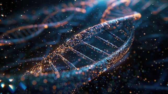 The image shows a glowing blue double helix representing DNA, the blueprint of life.
