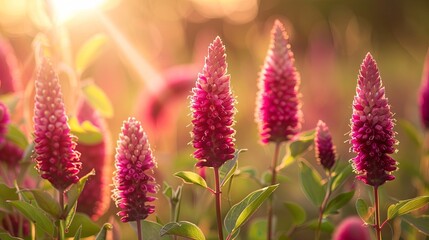 Amaranth flower field with sunny filter