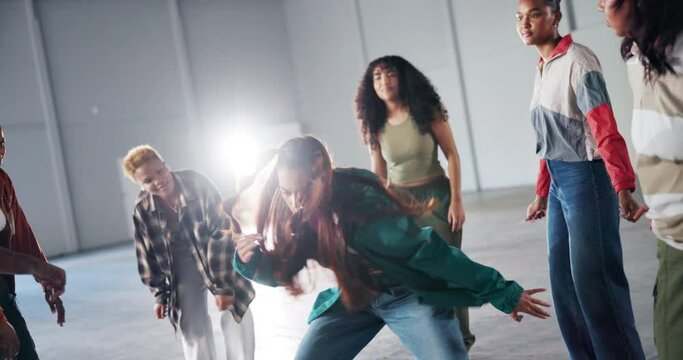 Group, dancers and woman in circle for hip hop routine, breakdance and performance with friend. Freedom, fun or celebration for talented people, freestyle or energy with motion to music entertainment