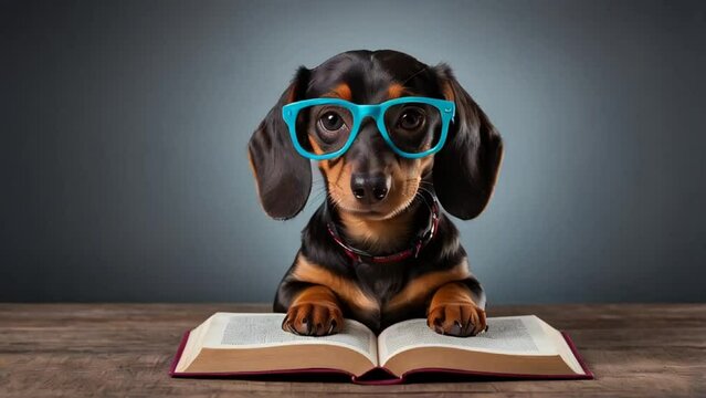 Cute dog with glasses reading a book