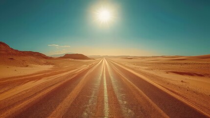 The deserted desert road stretching into the horizon, with sand dunes on either side and the hot sun blazing above, creating a sense of solitude and adventure.