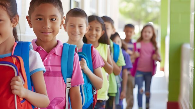 A diverse group of young children, wearing colorful backpacks, smiling and standing in a line outdoors, feeling excited and ready for school.