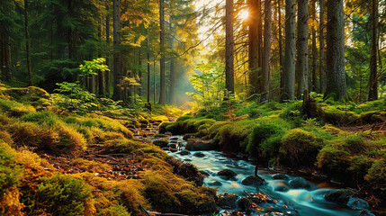 Fototapeta premium Contemporary Scenery Of River with Mossy Rocks In The Middle Of A Tropical Forest Landscape Background