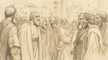 Fototapeta premium Biblical Illustration of Acts 2: Coming of Holy Spirit at Pentecost, Peter's Sermon, Conversion of Three Thousand on Beige Background with Copyspace