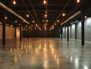 A large, empty industrial hall with polished concrete floors, black pillars, and hanging light bulbs