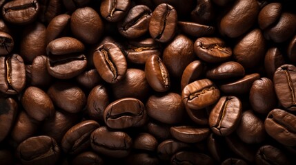 Naklejka premium Close-up of roasted coffee beans, showcasing their rich brown texture and inviting aroma, perfect for representing a coffee lover's delight.