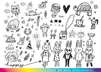 Collection of hand drawn cute doodles,Doodle children drawing,Sketch set of drawings in child style,Funny Doodle Hand Drawn,Page for coloring, cute animal hand drawn