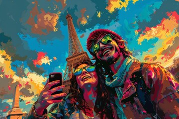 friends taking a selfie in front of the Eiffel Tower, celebrating travel and friendship. Vibrant colors and joyful expressions highlight the excitement and happiness of exploring new places together.