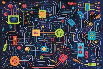 Cartoon cute doodles of a circuit board with colorful wires and electronic components, Generative AI
