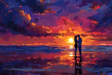 Couple silhouetted against a stunning sunset on the beach, surrounded by vibrant, colorful sky and ocean reflections. The romantic scene captures love, tranquility, and the beauty of nature.