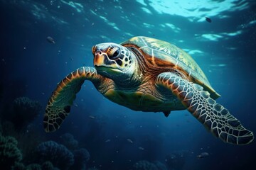 Fototapeta premium Graceful sea turtle glides through the blue ocean depths, showcasing its intricate shell and flippers