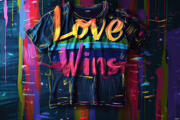 Bright colorful t-shirt with bold "Love Wins" text, showcasing vibrant rainbow brushstrokes, background features splattered paint in multiple colors, artistic atmosphere celebrating LGBTQ+ pride love.