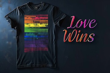T-shirt with "Love Wins" text next printed rainbow pattern, dark background contrasts with vibrant colors, striking visual effect, celebrates LGBTQ+ pride power love with impactful, colorful design.