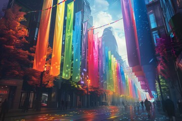 Vibrant city street decorated with colorful banners celebrating LGBTQ+ Pride Month, Tall building line street, adorned with rainbow flags, people diverse backgrounds walk, enjoying festive atmosphere.