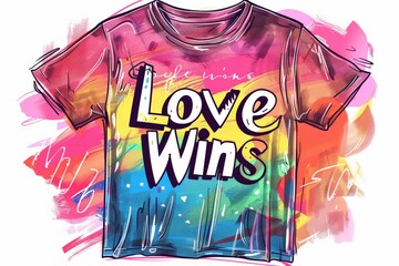 Stylized t-shirt with "Love Wins" slogan in vibrant rainbow palette, design includes abstract, artistic brushstrokes splashes color. Celebrates LGBTQ+ pride love, colorful message on background.