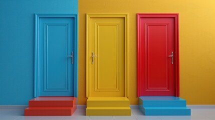 A 3D illustration depicting three multi-colored doors at different heights, representing a growth chart or progression.

