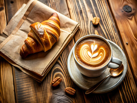 Morning coffee in a cup on a table with croissants