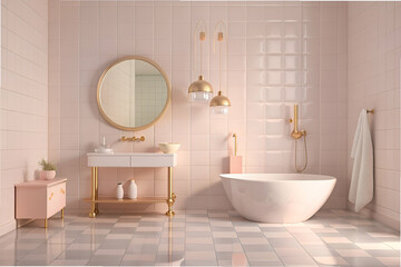 chic bathroom with pale pink tiles, white fixtures, and gold accessories
