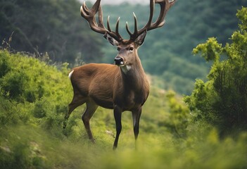 AI generated illustration of a deer in a grassy clearing surrounded by trees and bushes