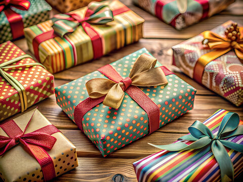 Colorful Gift boxes on color background, flat lay
