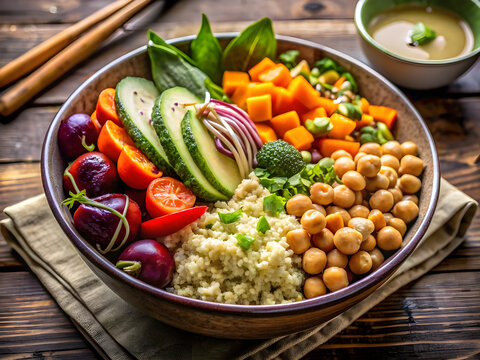 Set buddha bowl. Clean and balanced healthy food concept. Chicken grilled meat, green vegetables, chickpeas and quinoa, Halthy eating, dieting food concept. top view.