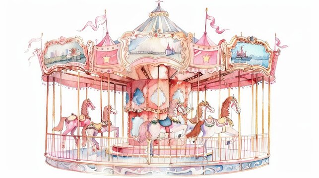 Watercolor clipart of a pink carousel horse.

