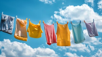 Laundry hanging on a line against a clear blue sky.

